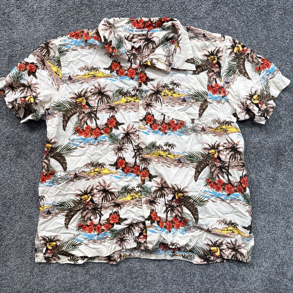 Mens L Barefoot in Paradise Hawaiian Shirt Multicolor Island Aloha Palm Vintage